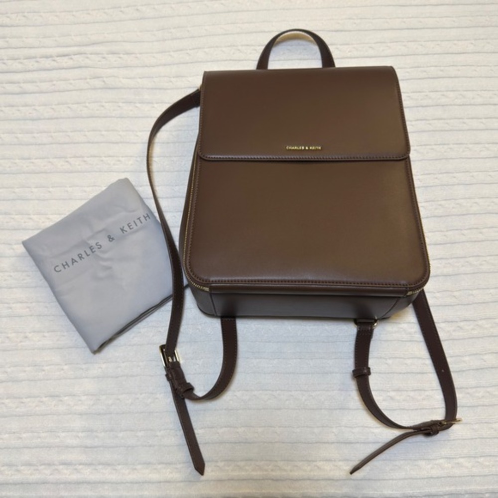 Charles & Keith Octavia Brown Front-Flap Backpack Gold Hardware with Dust Bag